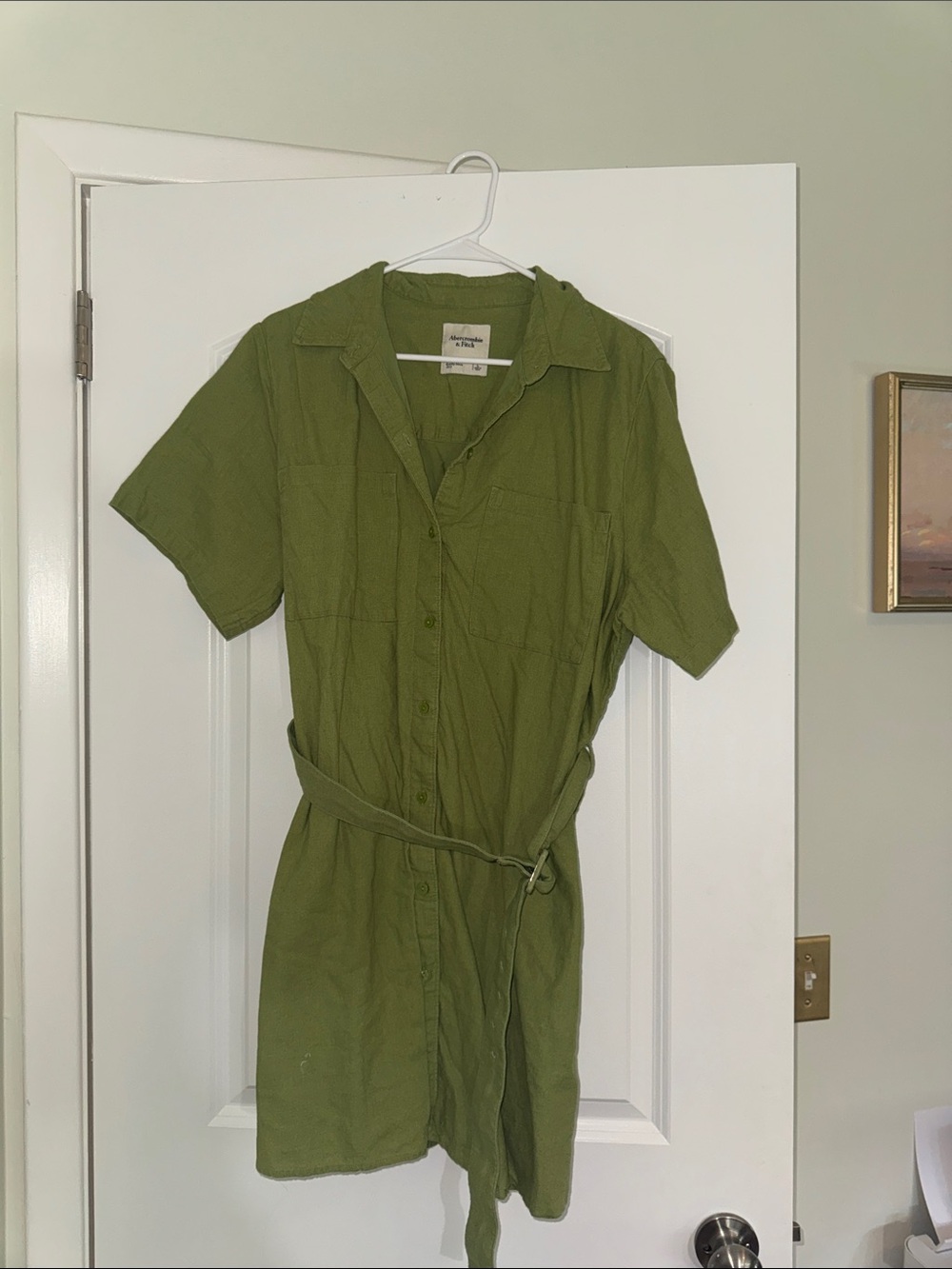 Abercrombie & Fitch Olive Green Midi Shirt Dress with Tie Waist